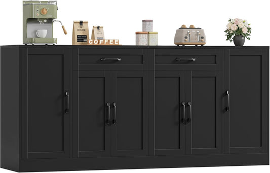 71” Large Buffet Cabinet with Storage, Sideboard Buffet Cabinet with Adjustable Shelves and 6 Soft-Close Doors, Wood Coffee Bar Console Table for Kitchen, Dining Room, Black