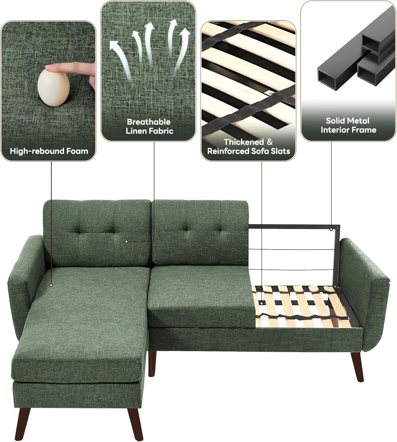 L Shaped Couch Sofa, 80" W Mid-Century Modern Sectional Couches, 3 Seater Sofas with Wide Chaise Lounge, Button Tufted Upholstered Sectional Sofa for Living Room, Bedroom, Green | Linen Fabric, Button Tufted, Solid Wood Foot, Pocket Spring, Wood Slats Frame