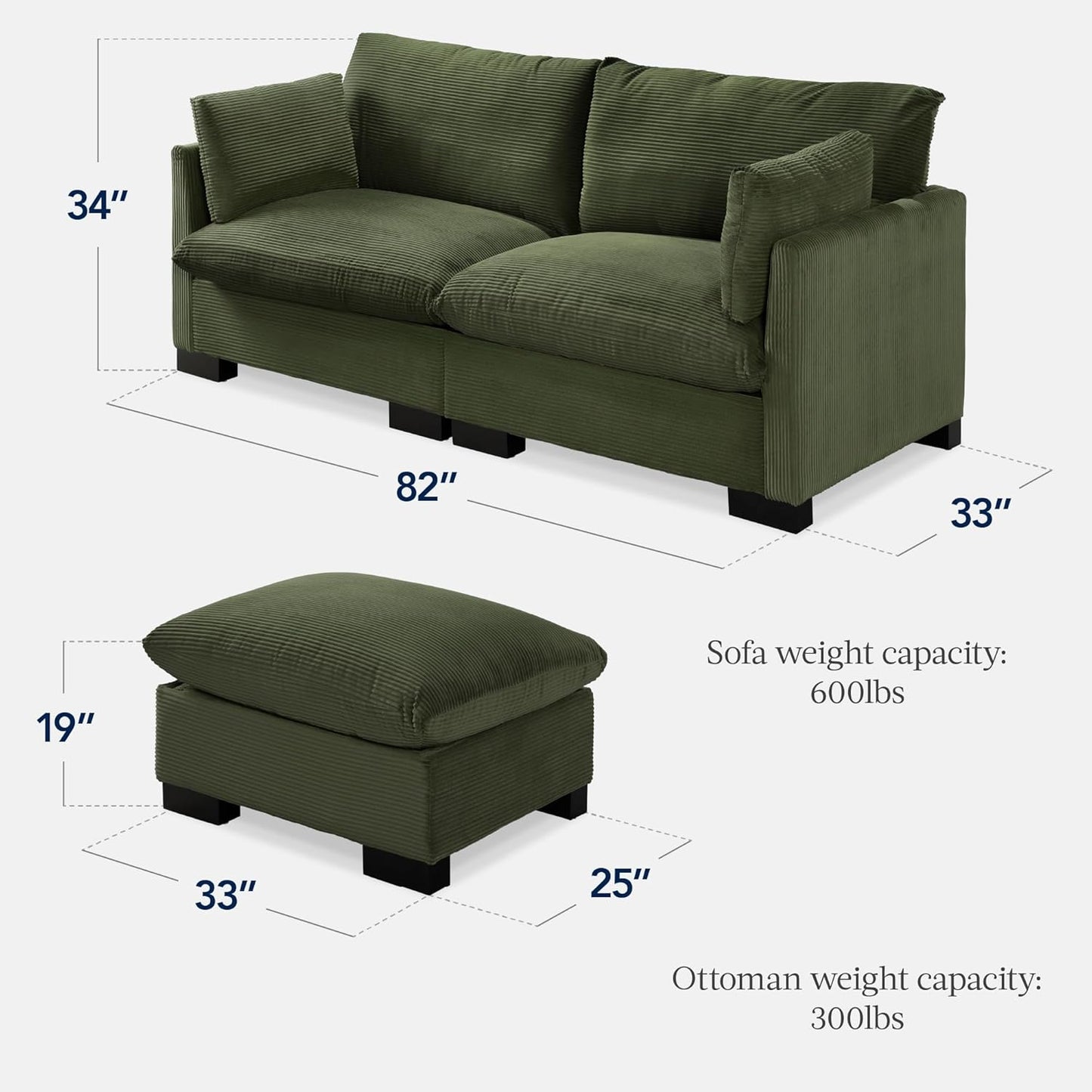 Modern Loveseat Sofa for Living Room, Corduroy Recliner, Removable Cover, Spring Cushions, Solid Wood Frame, Easy Assembly for Small Spaces, 82In – Moss Green