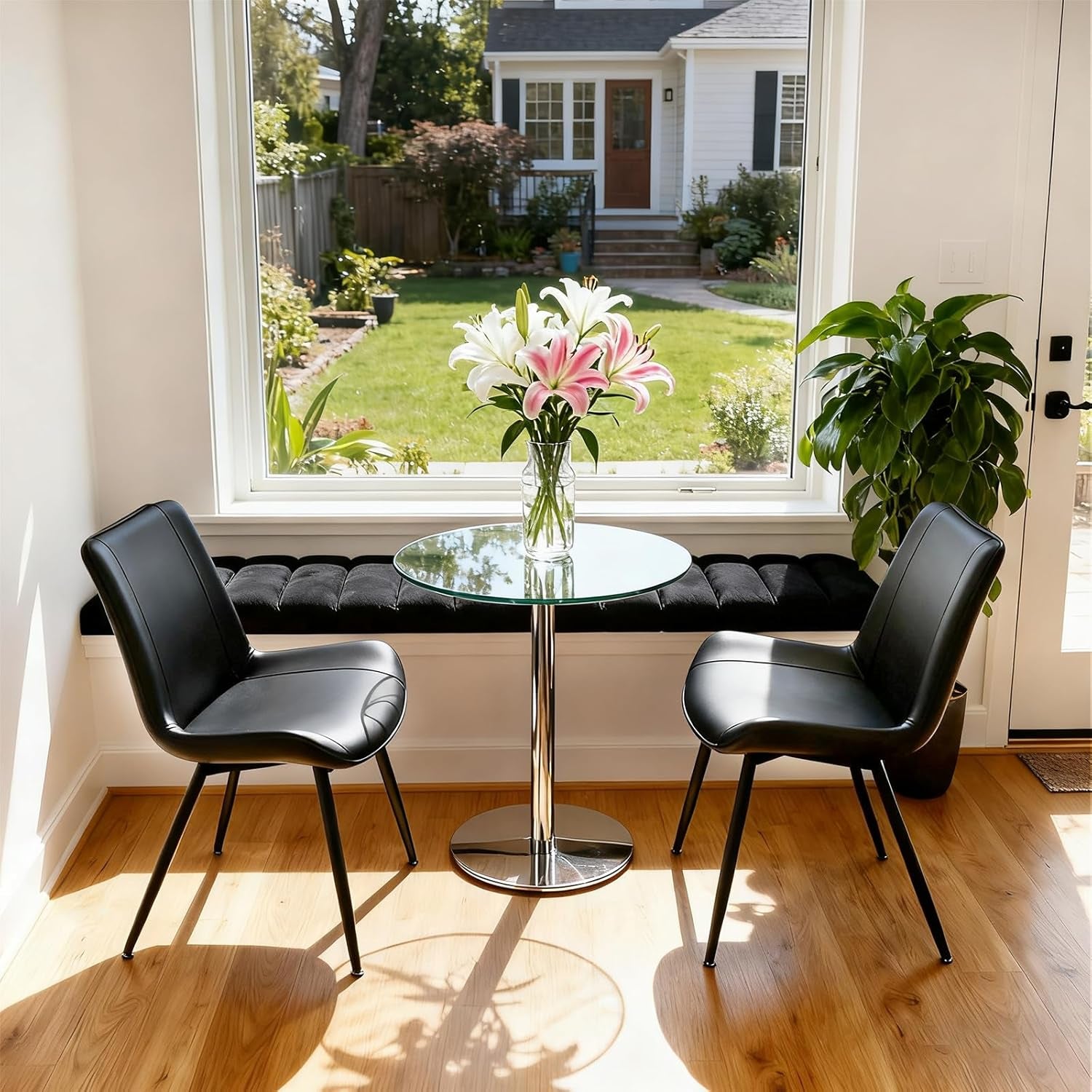 Dining Chairs Set of 2, PU Leather Modern Armless Kitchen Dining Room Chairs, Upholstered Accent Side Chairs with Metal Legs (Black)