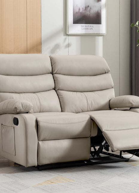 Beige Reclining Loveseat - Anti-Scratch Leather Double Recliner Sofa with Side Pocket for Living Room, RV, and Home Theater