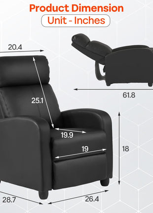 Massage Recliner Sofa with Lumbar Support and Padded Backrest for Home Theater Seating - Black Leather for Living Room and Bedroom