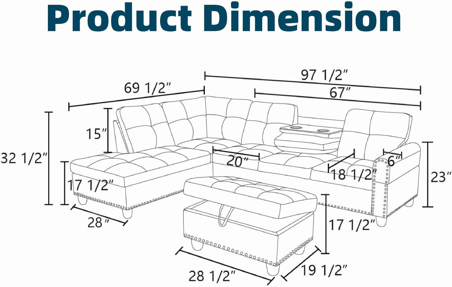97.5" L Shaped Couch Set, Modular Sectional Couches for Living Room with Storage Ottoman, 4 Seat Home Sofa Living Room Furniture Sets with Chaise for Apartment Office (Leather, Black)