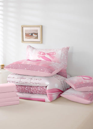 Personalized Pink Bowknot 7-Piece Twin Bedding Set for Kids, Princess Glitter Comforter with Monogrammed Initial and Sheets, Ideal Bedroom Decor for Teens