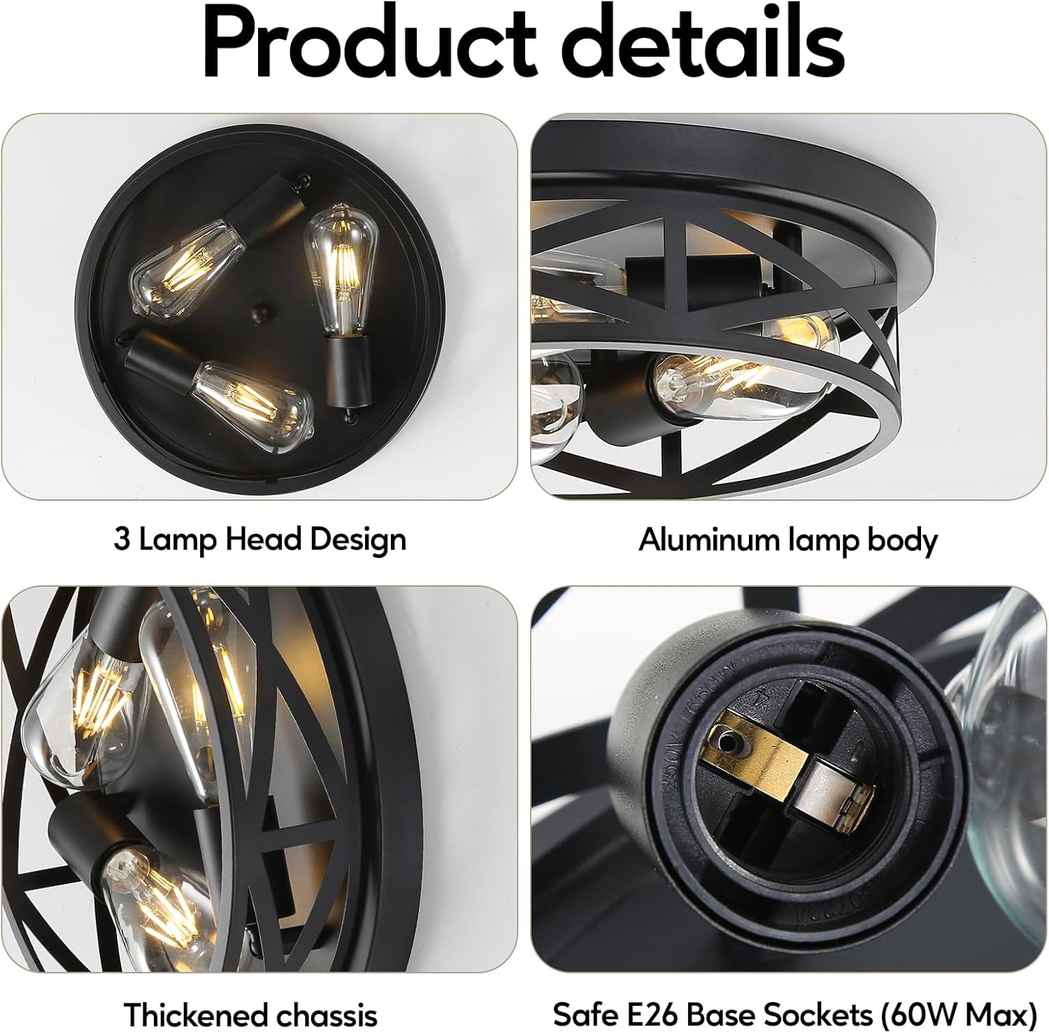 13 Inch Close to Ceiling Light Fixtures 2 Pack, 3-Lights Farmhouse Flush Mount Ceiling Light, Black Indoor Metal Cage Semi Flush Mount Ceiling Light for House Hallway Kitchen Bedroom