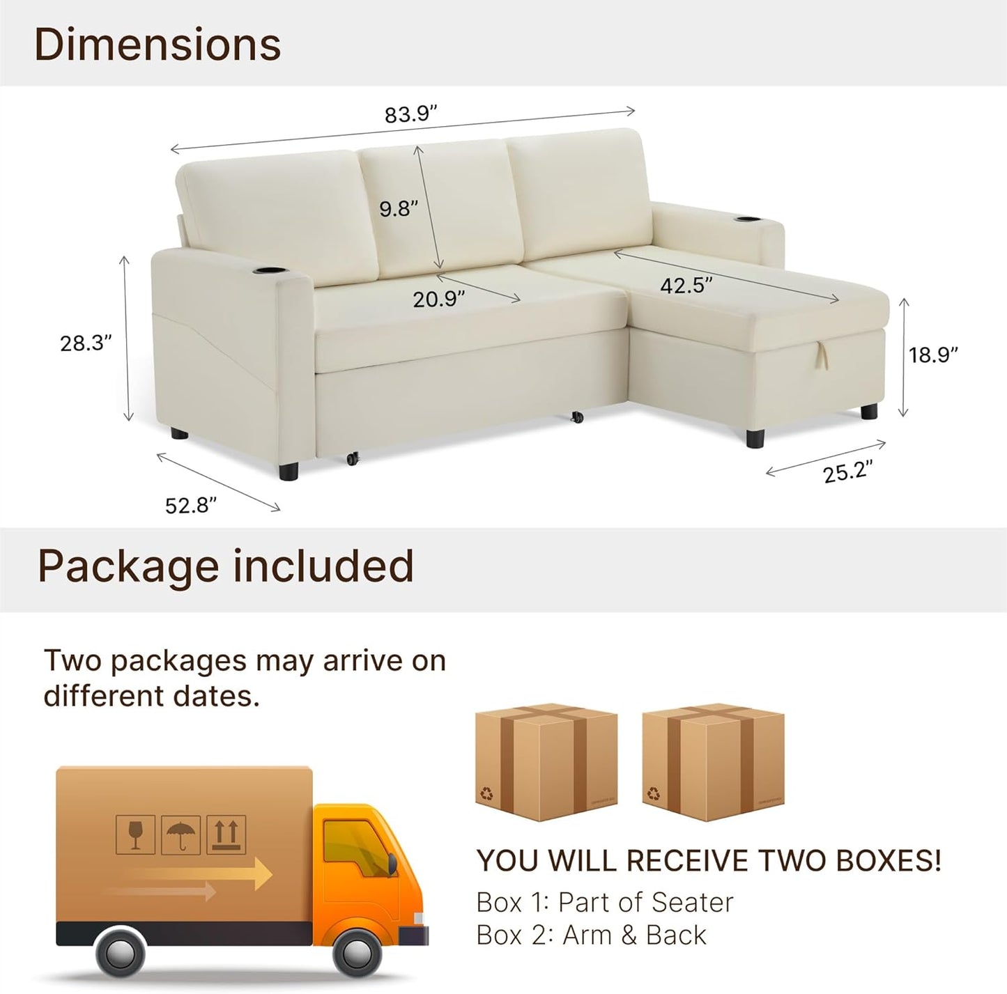 84 Inch Sectional Sleeper Sofa with Pull Out Bed Convertible 2 in 1 Couch with Storage Chaise & USB Charging Comfy L Shaped Modular Couches for Living Room Apartment(2 Box)
