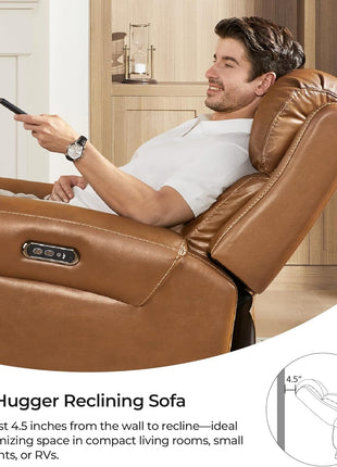Genuine Leather Power Recliner Sofa with Wall Hugger Design, Dual Motors, USB Charging Ports, Ideal for Living Room and RV, Saddle Leather Finish