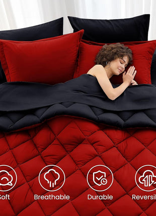 7-Piece Reversible Queen Comforter Set, All-Season Bedding Ensemble with Comforter, Flat Sheet, Fitted Sheet, Pillowcases, and Shams in Red and Black