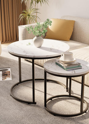 Set of 2 Round Nesting Coffee Tables Featuring White Faux Marble Tops and Black Steel Frames for Living Room, Bedroom, and Balcony Use