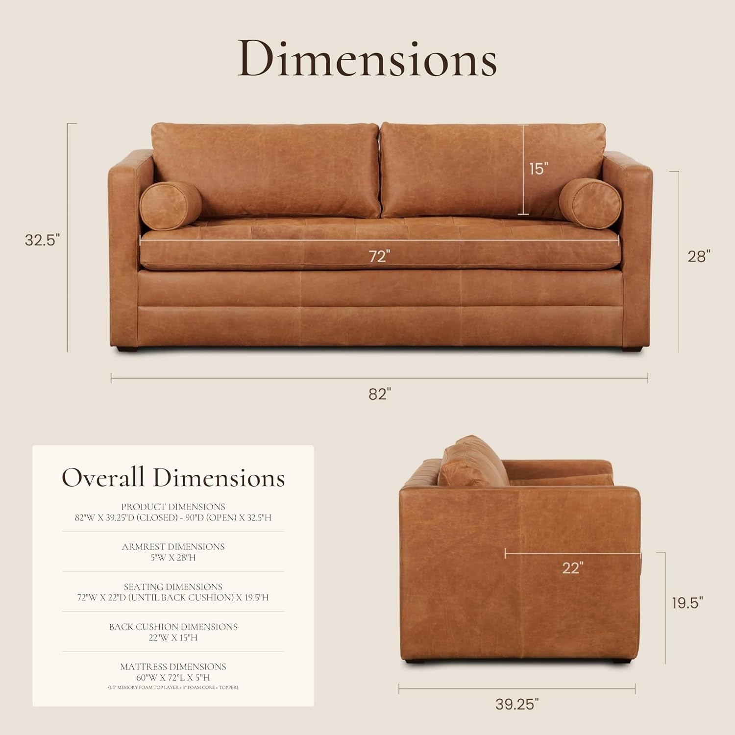 Napa 82" Leather Pull‑Out Sleeper Sofa – Full‑Grain Italian Leather Upholstery,Tri‑Layer Mattress & Storage Console –Sophisticated Multi‑Functional Sofa Bed for Living Rooms & Guest Spaces