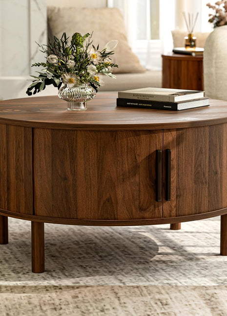 Contemporary Round Coffee Table with Storage Cabinets and Sliding Doors for Compact Living Areas, 29.9" Fluted Walnut Centerpiece