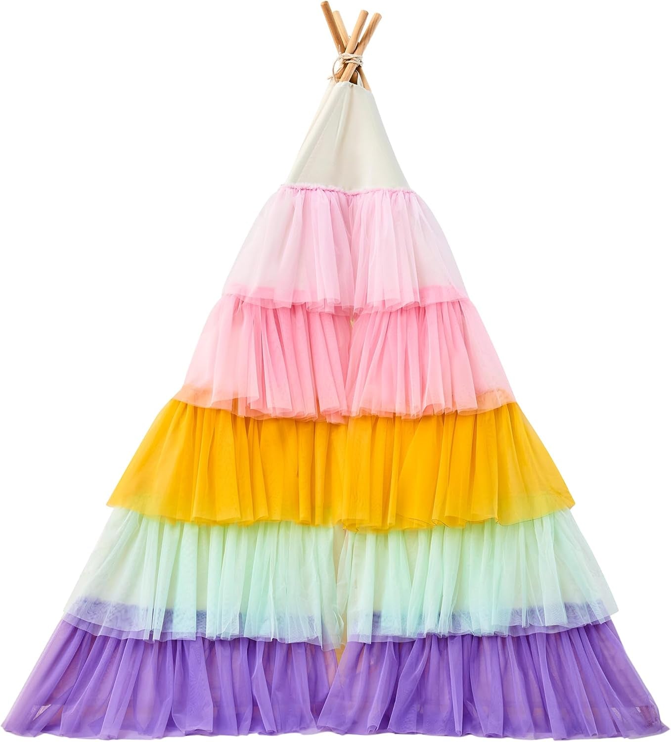 Teepee Tent for Kids, Toddler Teepee with Star Lights & Rainbow Tulle, Girls Princess Play Tent, Foldable Kids Teepee Tent for inside Playhouse Kid Toy Gift