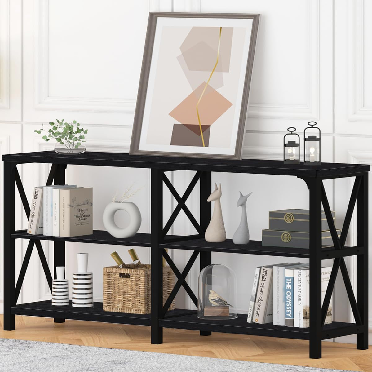 Black Console Table, Modern Industrial Sofa Table with 3 Tier Storage Shelves, Farmhouse Wooden Metal Entryway Table for Living Room, Hallway, or Foyer, Black Oak, 63 Inch