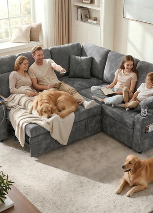 81" Modular L-Shaped Sleeper Sofa with Adjustable Backrest and 360° Swivel Side Table in Elegant Grey Chenille for Enhanced Living Room Functionality