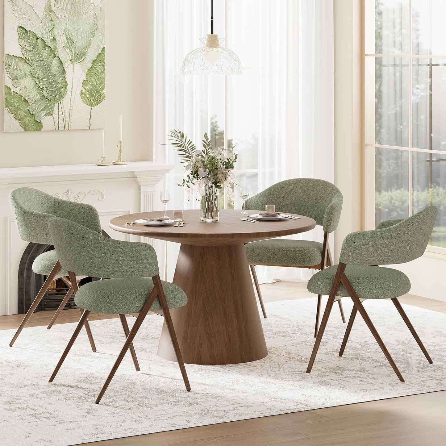 Dining Chairs Set of 4, Modern Fabric Upholstered Dining Room Kitchen Side Chairs with Iron Legs, Open Back and Padded Seat, for Living Room/Restaurant/Cafe, Green
