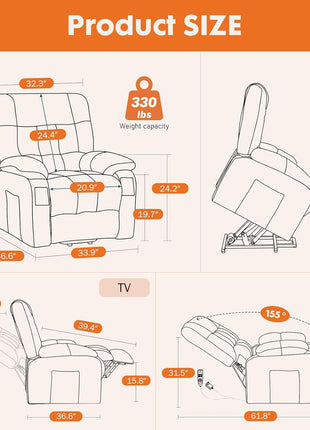 Ergonomic Power Lift Recliner Chair with Vibration Massage and Heat, Overstuffed Breathable Fabric, Side Pockets, and Remote Control for Living Room and Bedroom, Brown