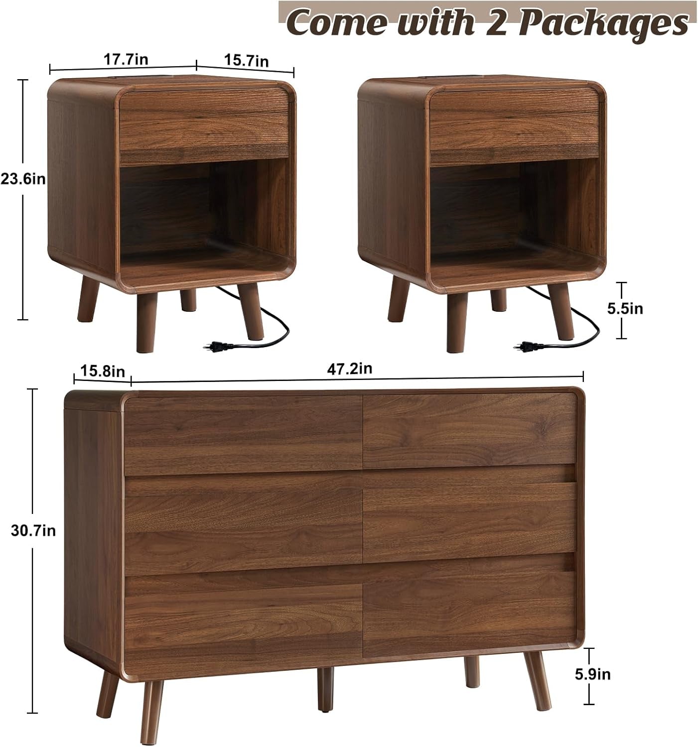6 Drawer Dresser and Nightstand Sets with Charging Station, Wood Mid-Century Modern Dresser and Nightstand 3 Pieces for Bedroom, Living Room, Walnut