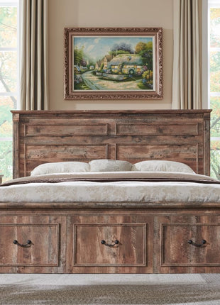 Farmhouse King Size Bed Frame with 51-Inch Tall Headboard, Wood Platform Design Featuring 20-Inch Roman Column Footboard and Three Spacious Storage Drawers, No Box Spring Required (Light Brown)