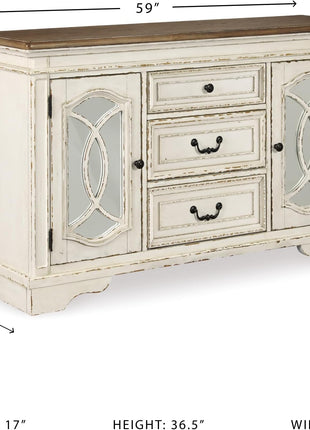 Signature Design by Ashley Realyn French Country Distressed Dining Room Server with Three Drawers and Two Cabinet Doors, Wood Construction, 59" W x 17" D x 36.5" H, Chipped White Finish
