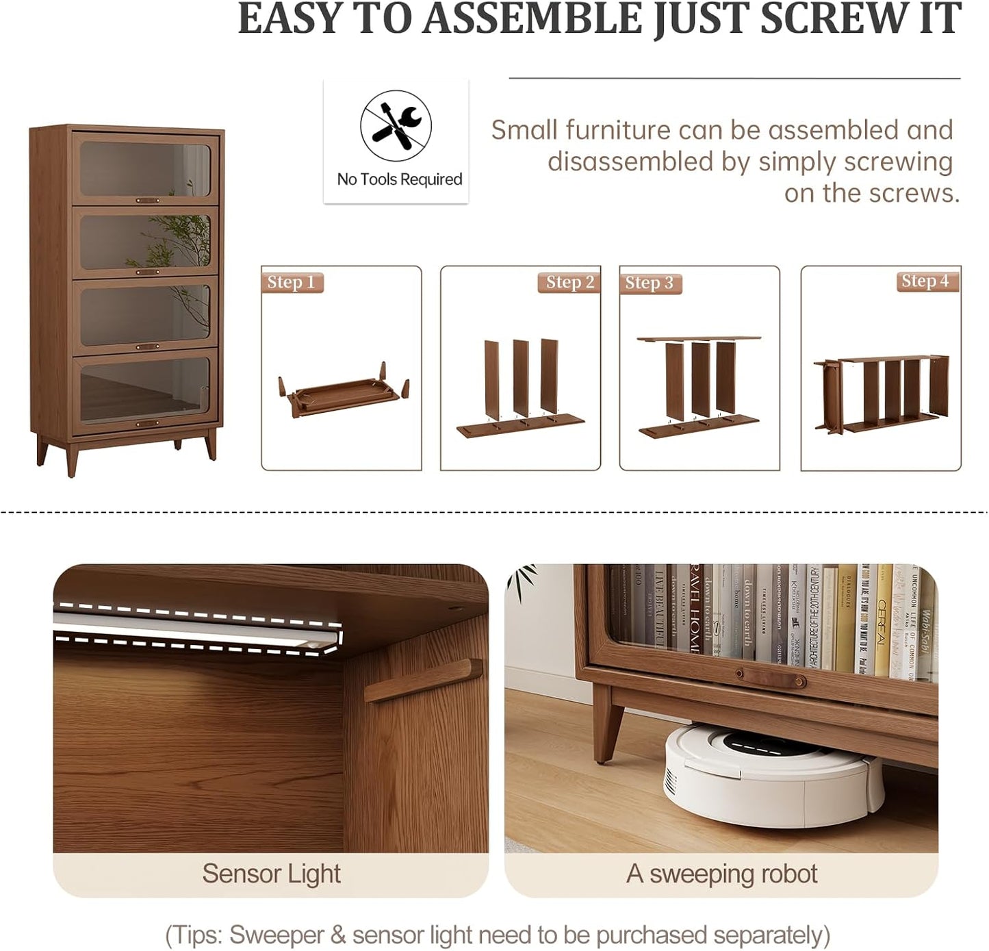 Solid Wood Bookcase 4-Tire with Tempered Glass Flip-Up Doors,60Hx13.7Dx32W Bookshelves Finish Cube Storage Organizer,Bookshelf Versatile Pantry Cabinet for Living Room Home Office