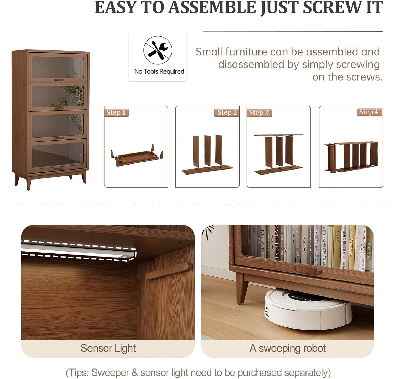 Solid Wood Bookcase 4-Tire with Tempered Glass Flip-Up Doors,60Hx13.7Dx32W Bookshelves Finish Cube Storage Organizer,Bookshelf Versatile Pantry Cabinet for Living Room Home Office