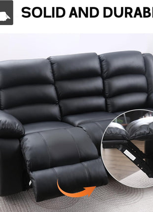Faux Leather Manual Reclining Sofa with Dual Concealed Cup Holders and Overstuffed Armrests, 3-Seat Recliner for Living Room, Bedroom, or Meeting Room, Black