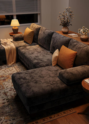 U-Shaped Modern Sectional Sofa for Living Room | 112-Inch Dark Grey Chenille Couch with Dual Chaise for Apartments