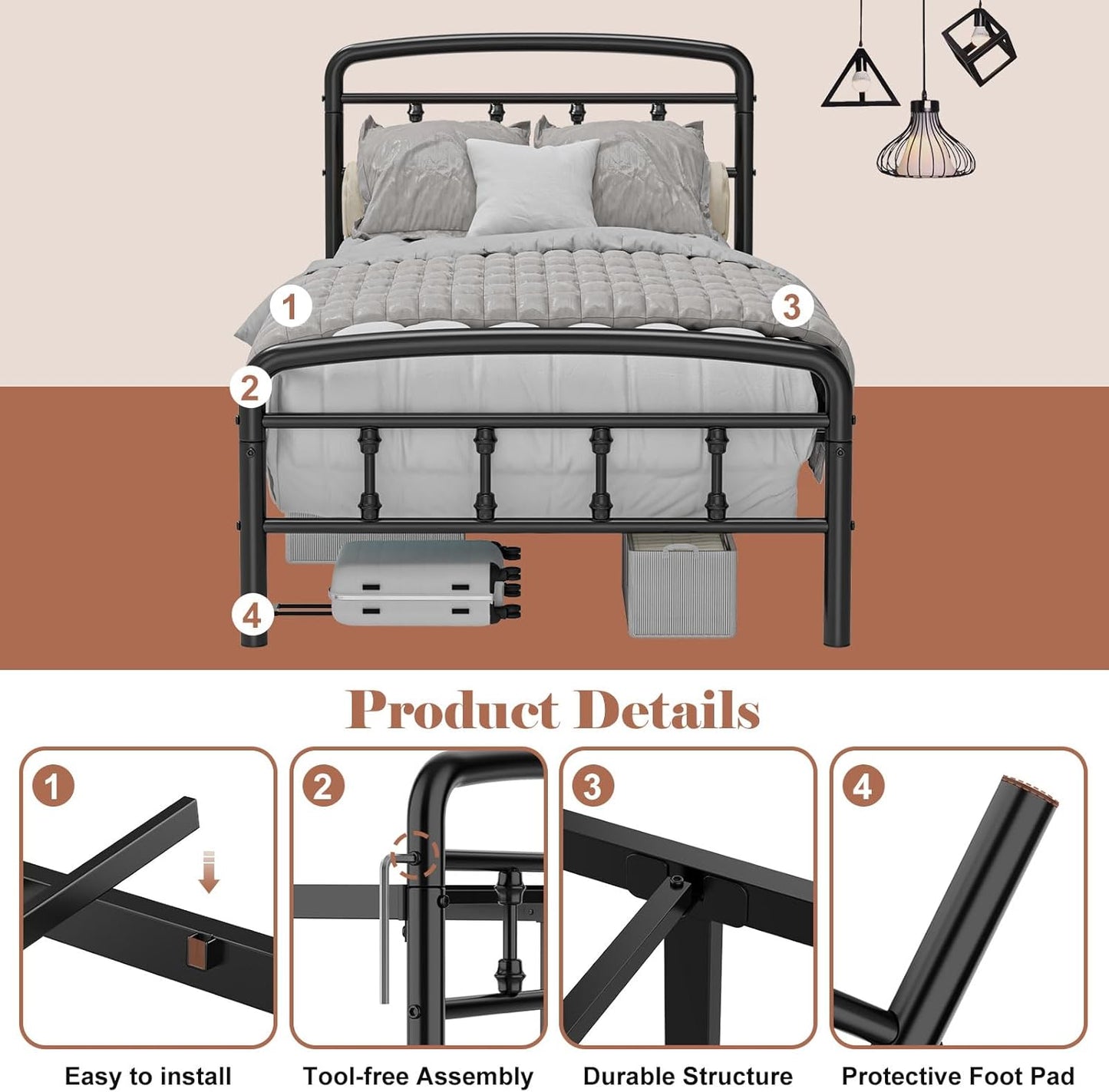 Metal Twin Bed Frames,1500 Lbs Heavy Duty Bed Frames with Headboard,Noise-Free Design & 12" Underbed Storage,No Box Spring Needed/Tool-Free Assembly