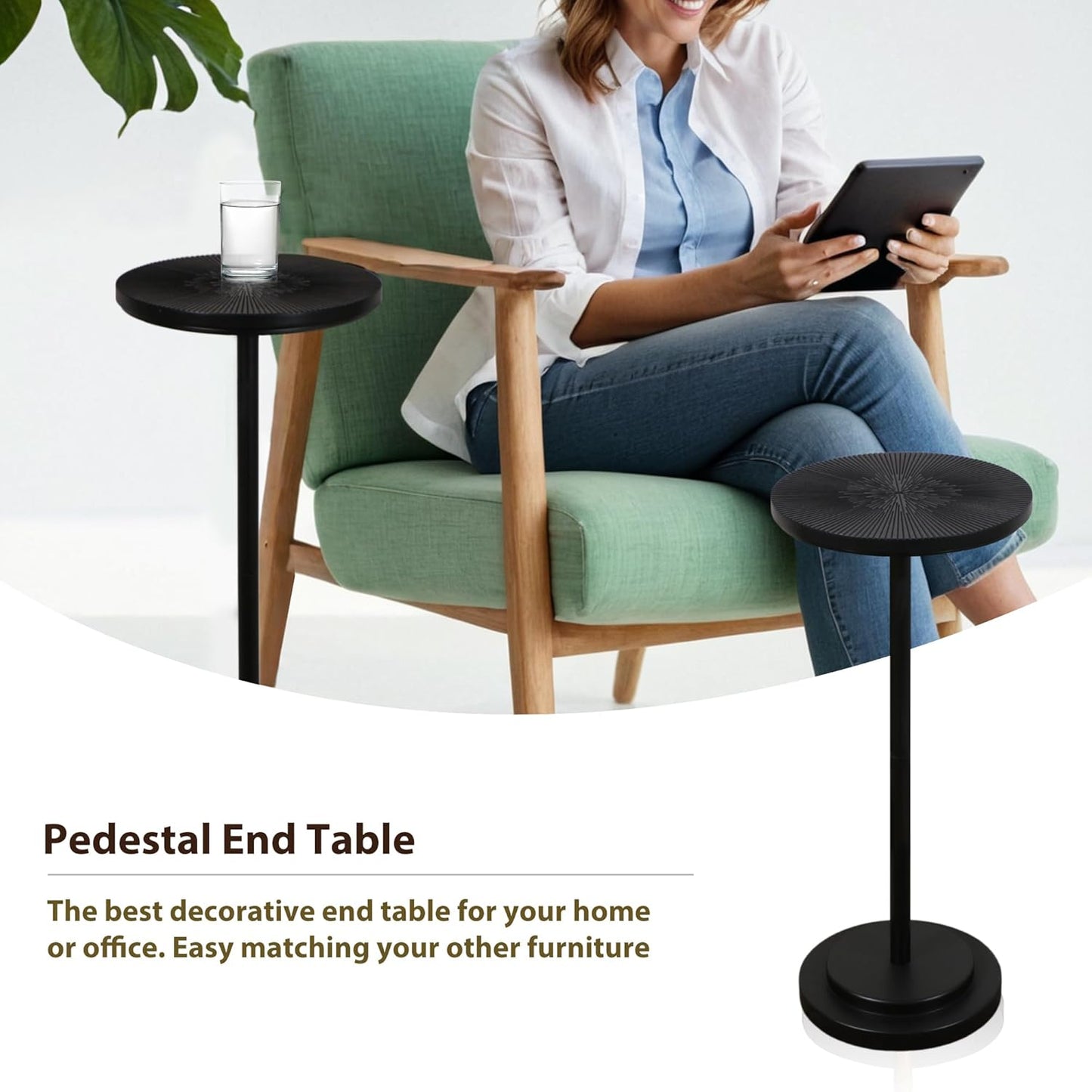 Drink Table, Carved Table Top Martini Table, Small Side Table, Weighted Base Pedestal Table for Living Room, Bedroom, Modern, Black