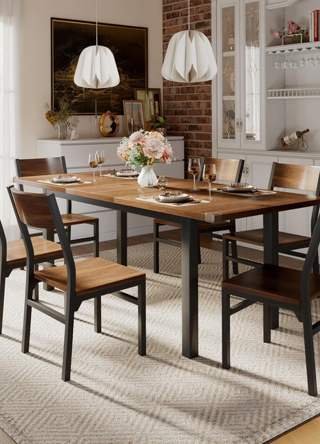 7-Piece Extendable Dining Table Set with 6 Chairs, 63" Solid Metal Frame and MDF Top, Perfect for Compact Spaces, Easy Assembly, Walnut Finish