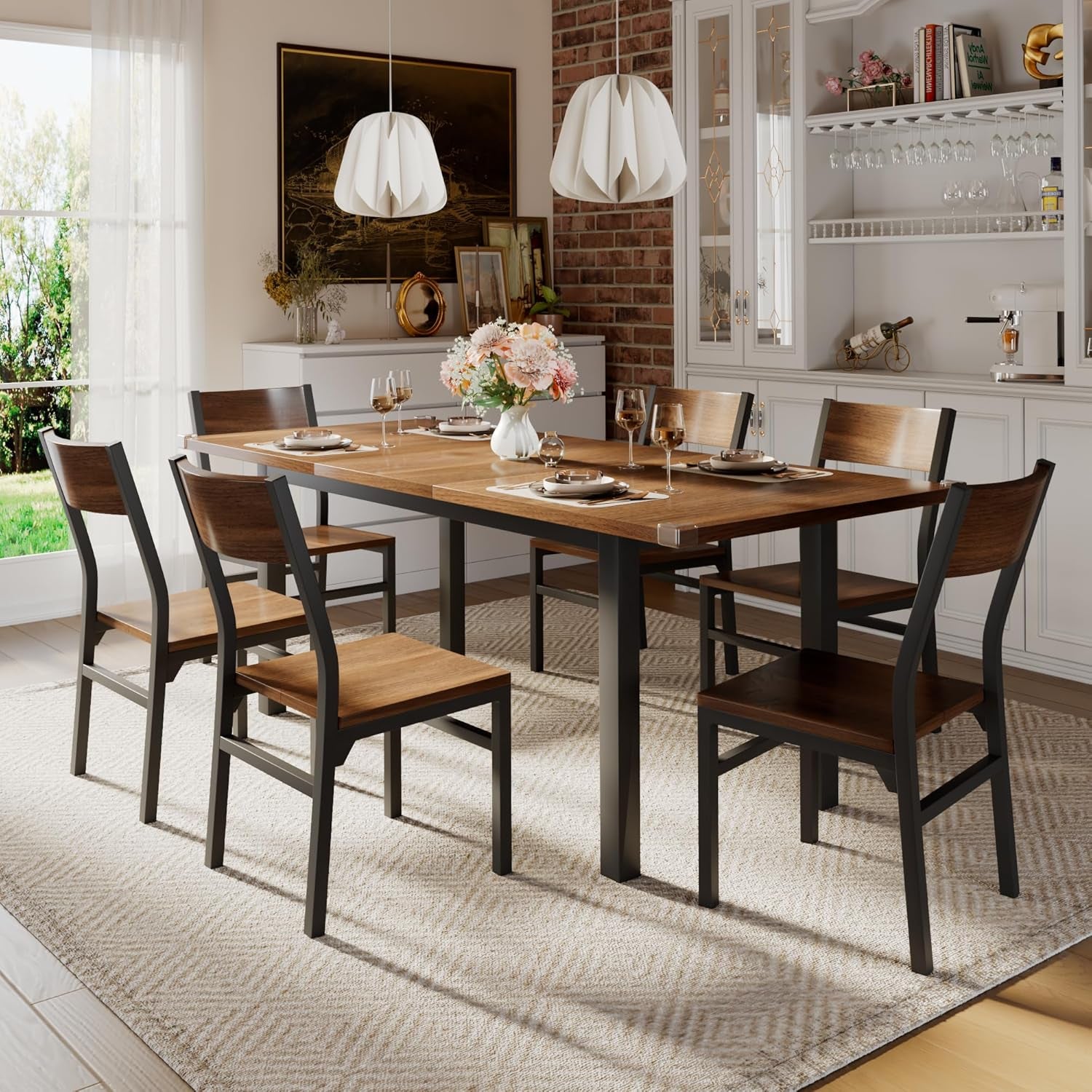 7-Piece Dining Table Set with 6 Chairs, 63" Extendable Kitchen Table & Chairs Set for 4-6, Dining Roomtable with Solid Metal Frame & MDF Board, Perfect for Small Space, Easy Assembly, Walnut