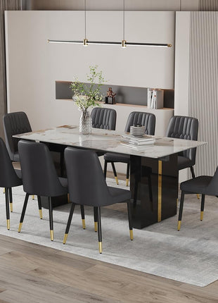 71-Inch Dining Table Set for Eight with Faux Marble Surface and PU Leather Seating for Kitchen, Dining Room, Bar, and Living Room