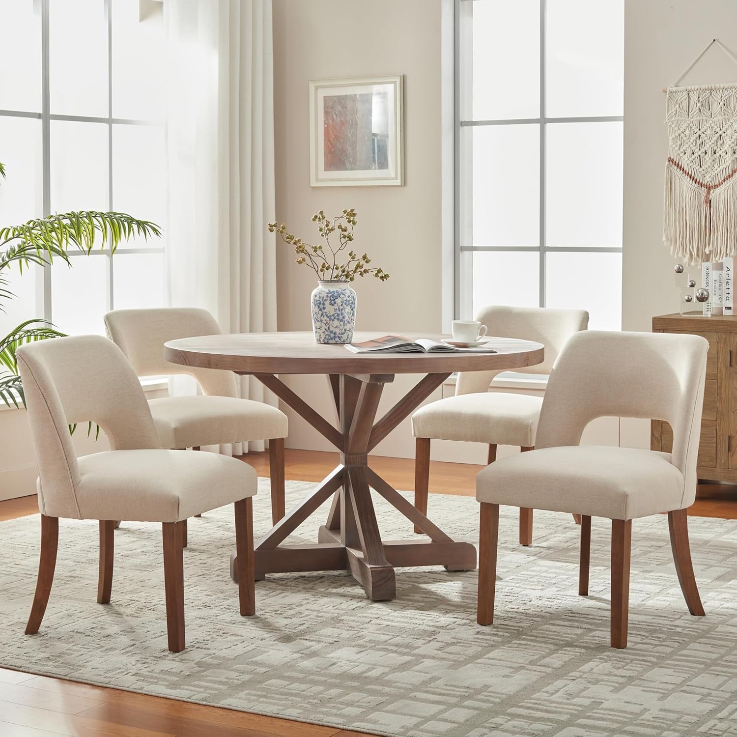 Wooden Dining Chairs Set of 2, Modern Fabric Upholstered Dining Room Chair Kitchen Chairs, Farmhouse Dinner Chair for Kitchen Dining Room, Beige