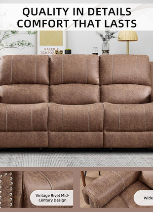 Manual Reclining Faux Leather Sofa, 3-Seater Overstuffed Couch with Vintage Rivet Mid-Century Modern Design for Living and Meeting Rooms - Brown