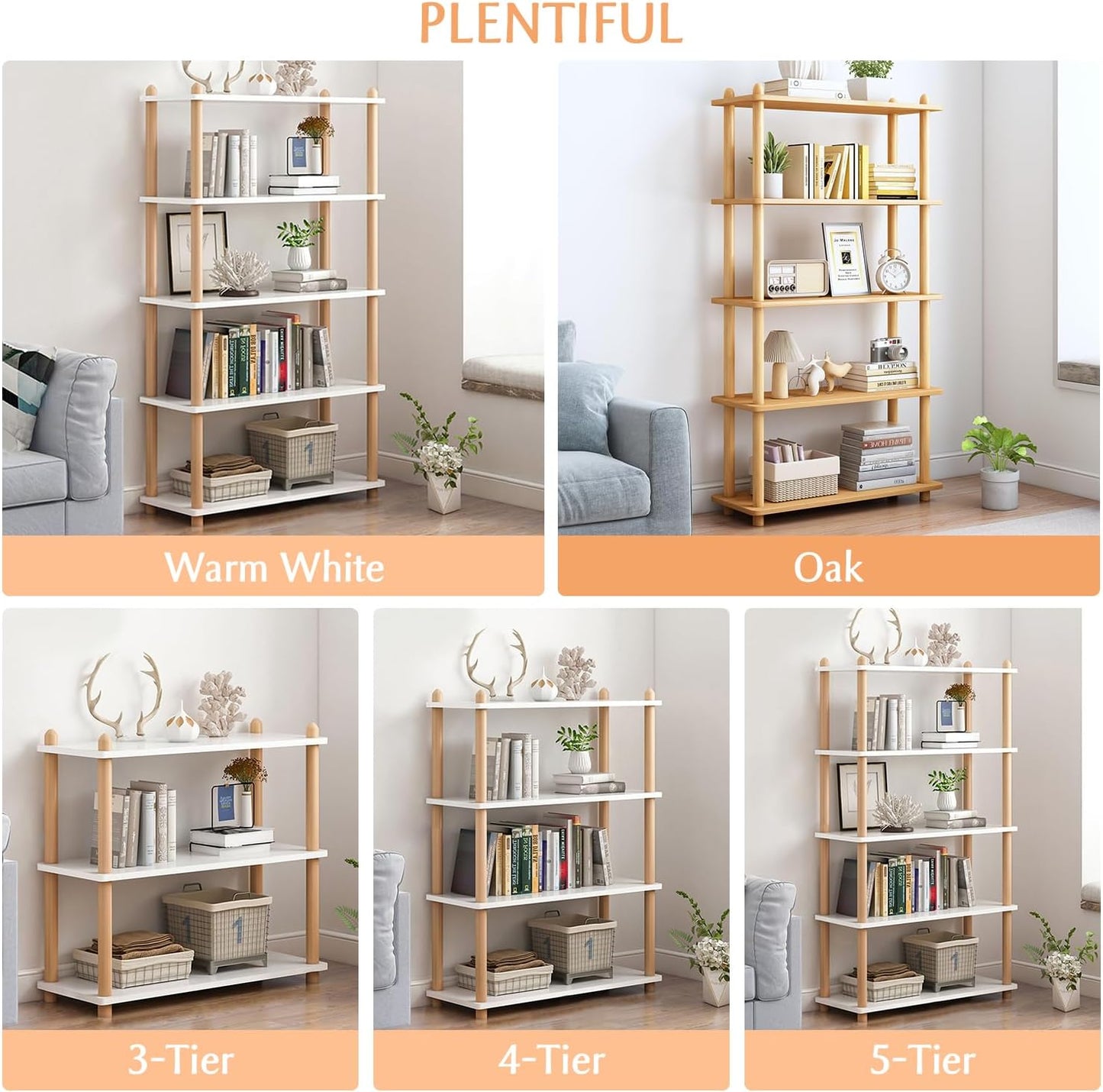 5-Tier Wooden Shelf Bookcase - Modern Open Bookshelf, Free Standing Storage Rack, Multifunctional Display Stand for Home and Office, Oak, Rectangle