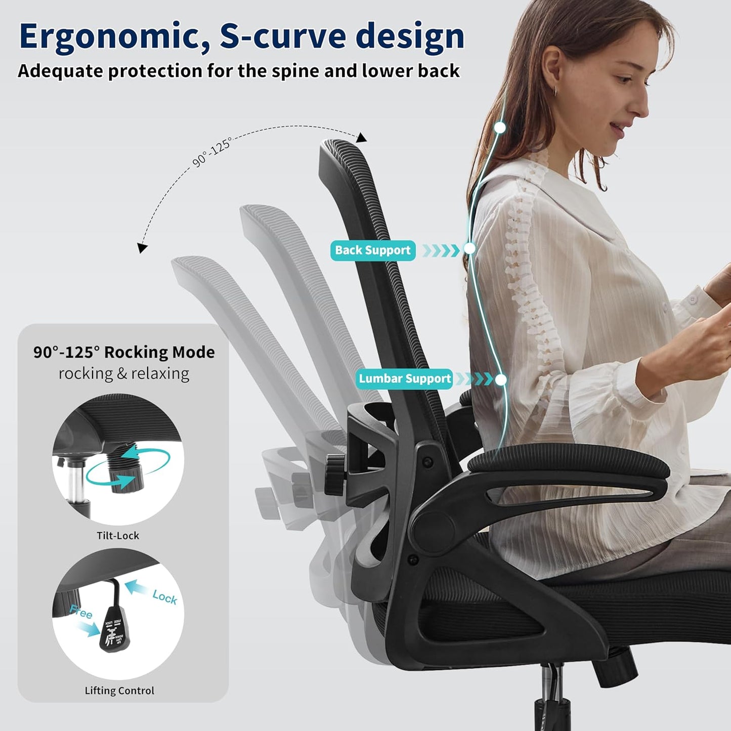 Ergonomic Office Chair, Desk Chair with Adjustable Lumbar Support, Breathable Mesh Comfy Computer Chairs with Flip-Up Armrests Executive Task Chair for Adults Home Office(Black)
