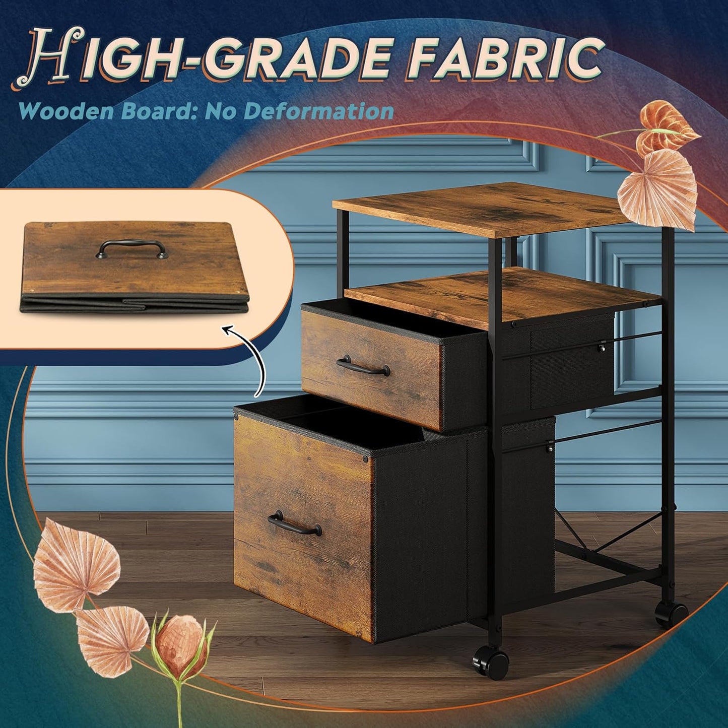 2 Drawer Mobile File Cabinet, Rolling Printer Stand with Open Storage Shelf, Fabric Vertical Filing Cabinet Fits A4 or Letter Size for Home Office, Rustic Brown Wood Grain Print