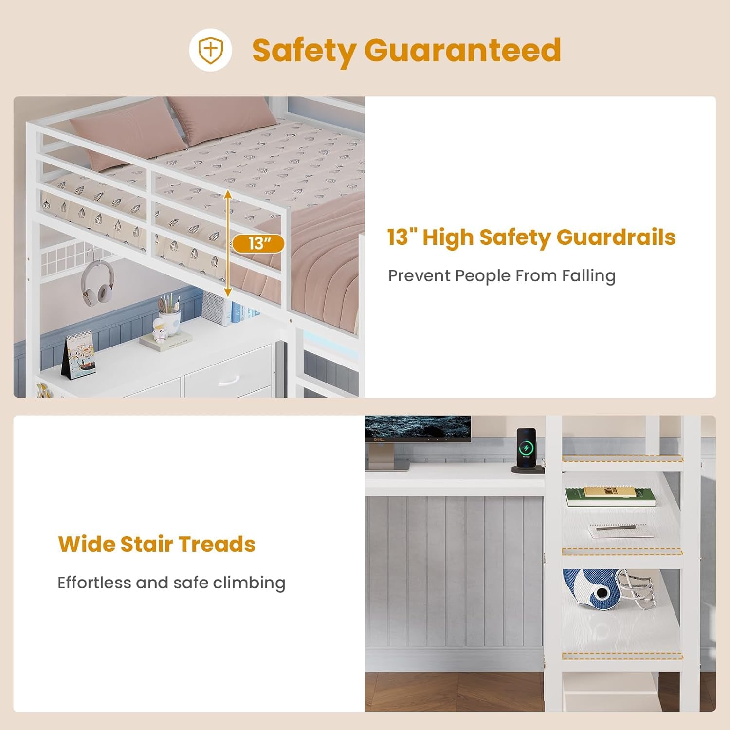 Loft Bed Full Size with U-Shaped Desk, 6 Storage Drawers, Power Outlet, LED Metal Loft Bed with 2 Storage Shelves, Bed with Safety Guardrail & Ladders,Space-Saving,White