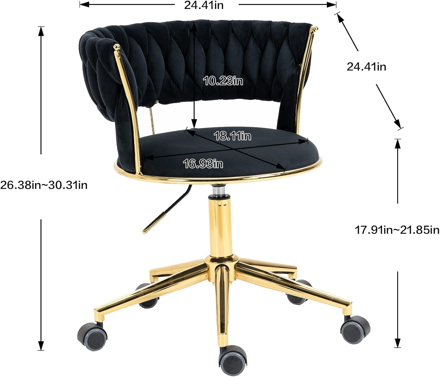 Velvet Office Desk Chair with Hand Woven Backrest, 360° Swivel & Height Adjustable Task Chairs, Makeup Chair, Living Room Chairs with Stainless Base and 5 Wheels (Black)