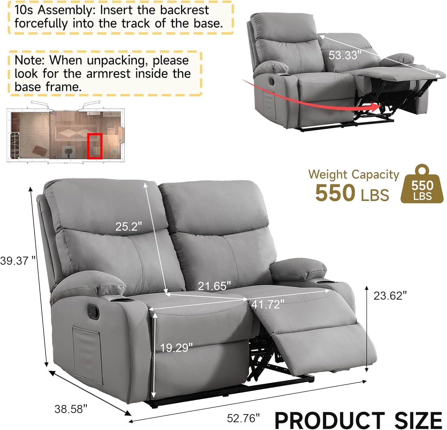 Reclining Loveseat Double Recliner Couch, Anti-Scratch RV 2 Seater Wall Hugger Recliner Chair Set for Living Room, RV, Home Theater(Loveseat, Gray)