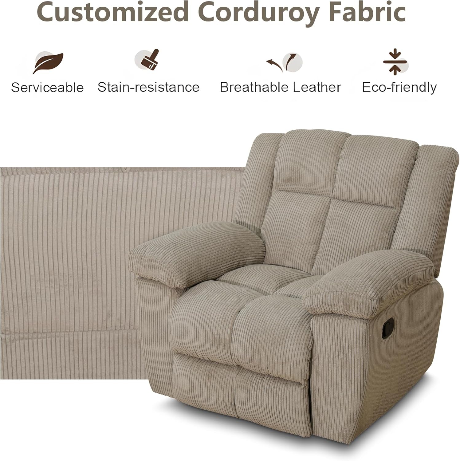 Corduroy Fabric Recliner Sofa Set, 3 Piece Living Room Furniture Set, Manual Reclining Sofa Couch and Chair with Cup Holders/Storage/Coffee Table (Beige)