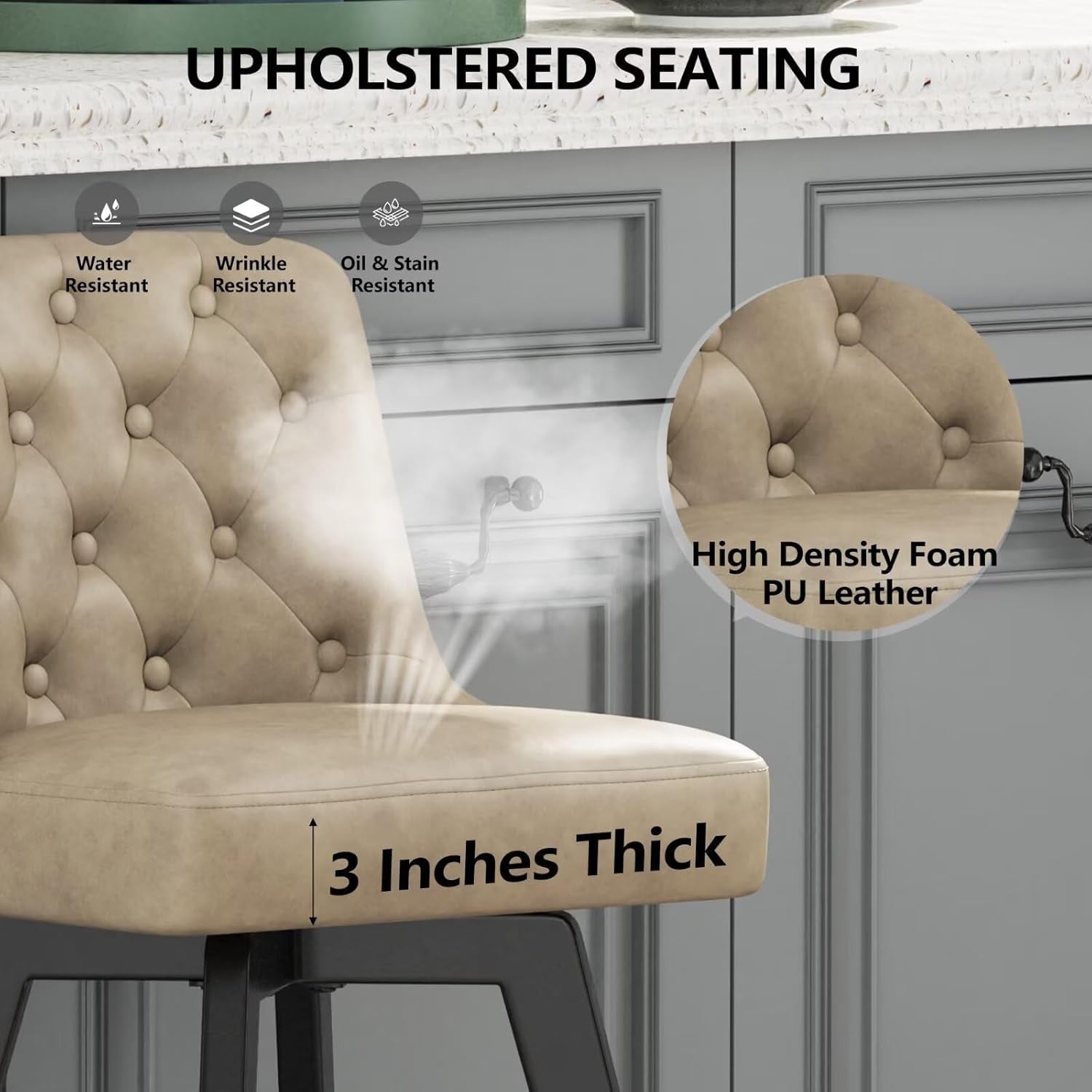 Bar Stools Set of 2, PU Leather Barstools, 26 Inch Upholstered Counter Stools with Low Tufted Back and Footrest, Swivel Counter Height Barstools for Kitchen Island Home Bar Khaki