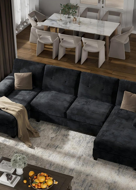 Elegant U-Shaped Sectional Sofa – Modern 4-Seat Couch with Double Chaise and Removable Pillows in Chic Black, Perfect for Apartment Living Rooms