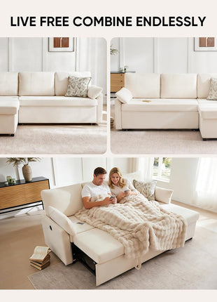 85-Inch L-Shaped Sectional Sofa with Pull-Out Sleeper, Modular Chenille Deep Seat Design, Reversible Chaise, Storage Solutions, Side Pockets, and Dual USB/Type-C Charging Ports in Beige