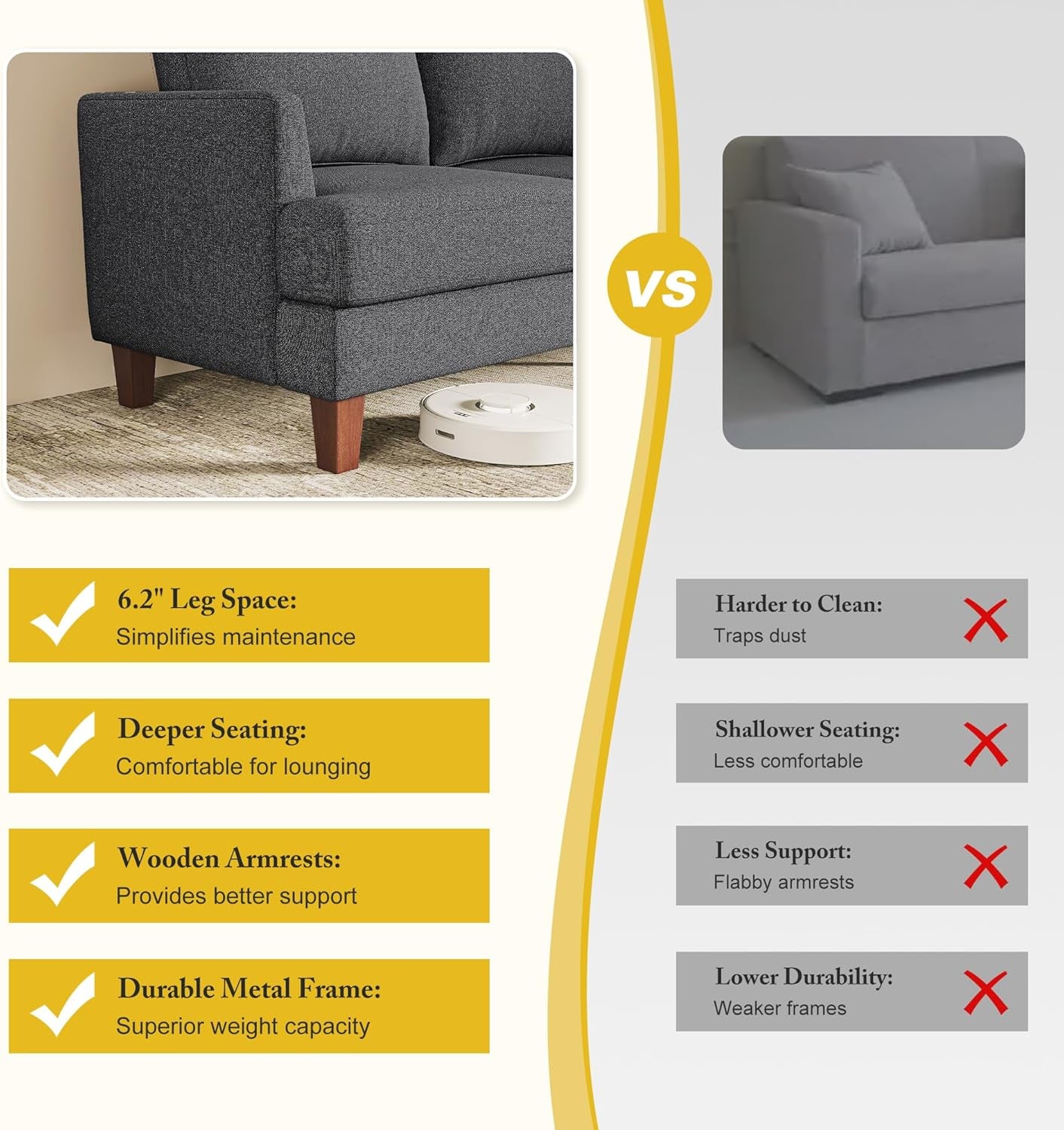 3 Seater Sofa Couch with Deep Seats, 89" Mid Century Modern Upholstered Sofa with Armrests, Comfy Couches for Living Room, Bedroom, Apartment and Office (Dark Grey)