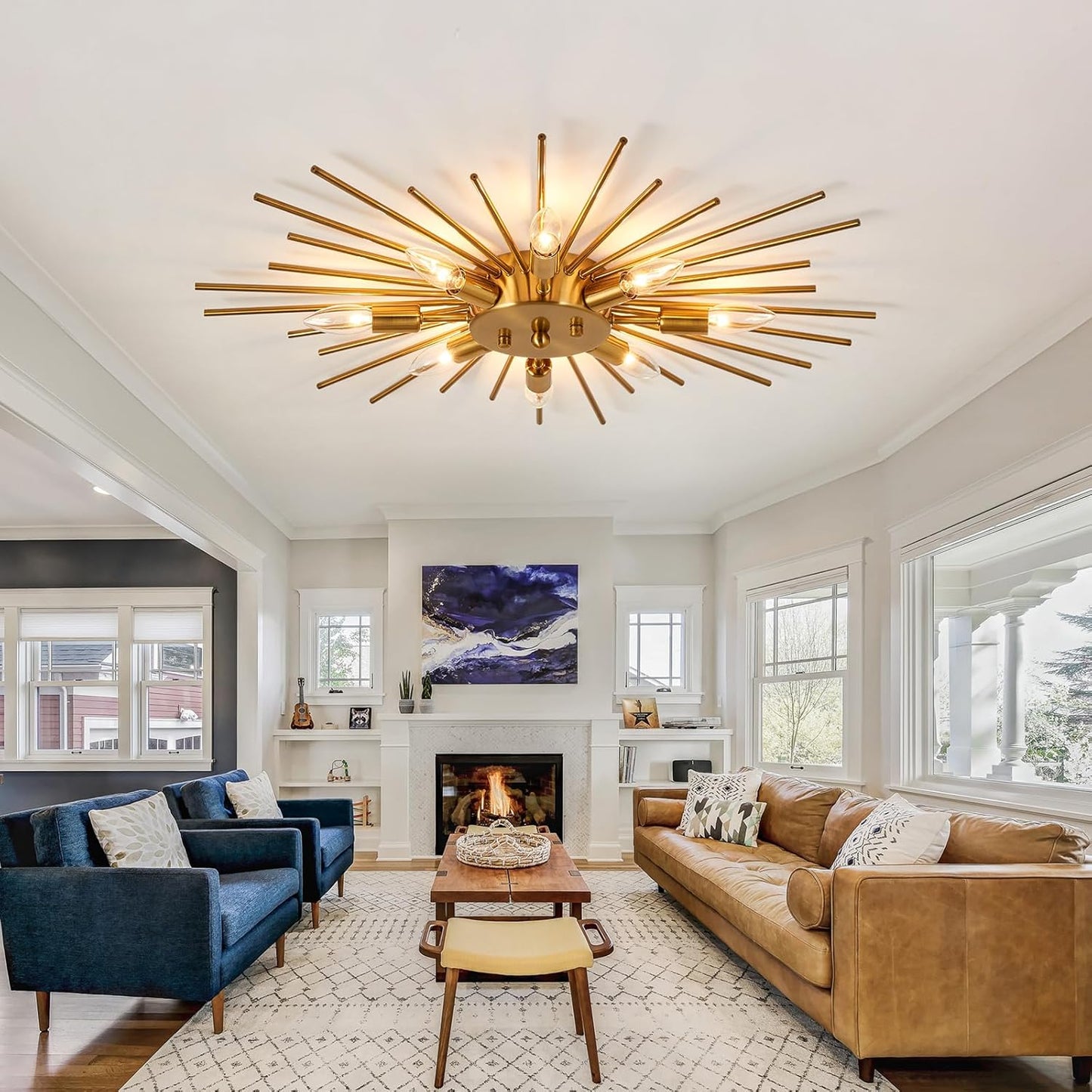 Semi Flush Mount 8 Light Ceiling Light Modern Metal Ceiling Lighting Gold Light Fixture Chandelier for Farmhouse Kitchen Dining Room Bedroom Hallway Living Room.