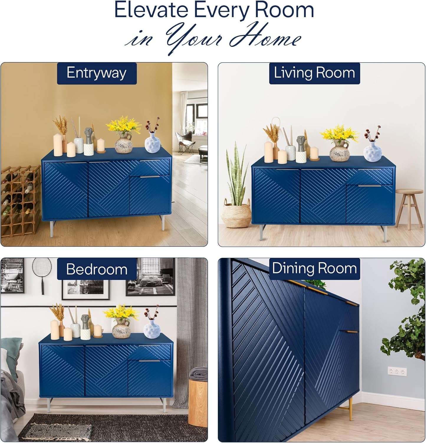 Modern Sideboard Buffet Cabinet with Storage, 47'' Navy Blue Credenza Gold Handles with 3 Doors and 1 Drawers, Wooden Kitchen Coffee Bar Cabinet for Living Room Farmhouse, Hallway