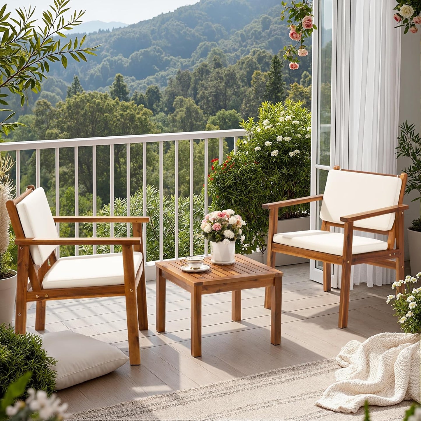 Patio Chairs 3 Piece Acacia Wood Patio Furniture with Coffee Table & Cushions Outdoor Conversation Set Balcony Chairs for Porch, Deck, Backyard