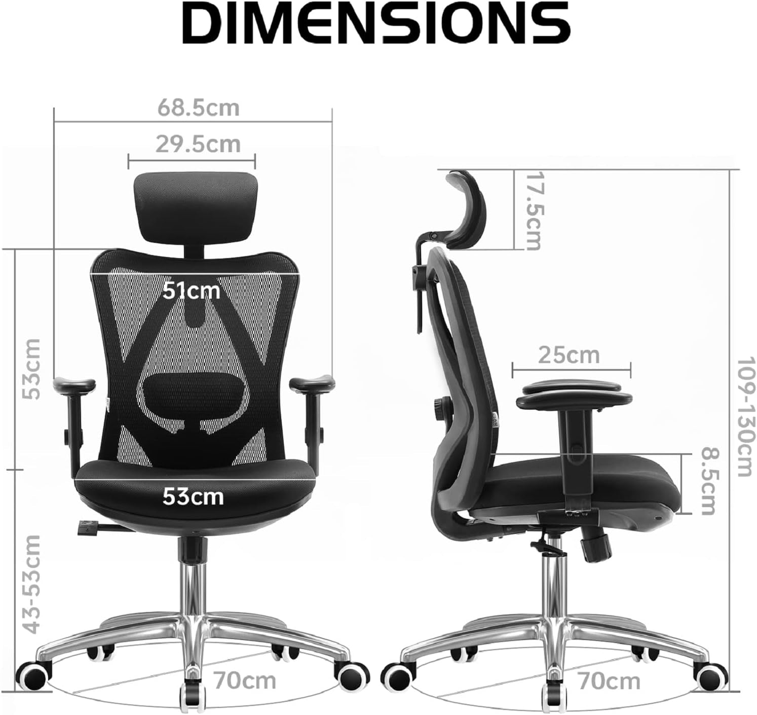 M18 Ergonomic Office Chair, High Back Mesh Desk Chair with Adjustable Headrest & Lumbar Support, 330Lbs Capacity Computer Chair with 2D Armrests & Wide Cushion, Tilt Lock, for Home Office-Black