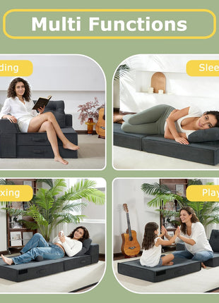Convertible 4-in-1 Folding Sofa Bed with Memory Foam Mattress and Support Pillow - Modern Futon Chair for Living Room, Apartment, and Guest Use in Black Grey
